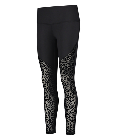 HKMX High Waisted Leopard Flock Sports Leggings, Black