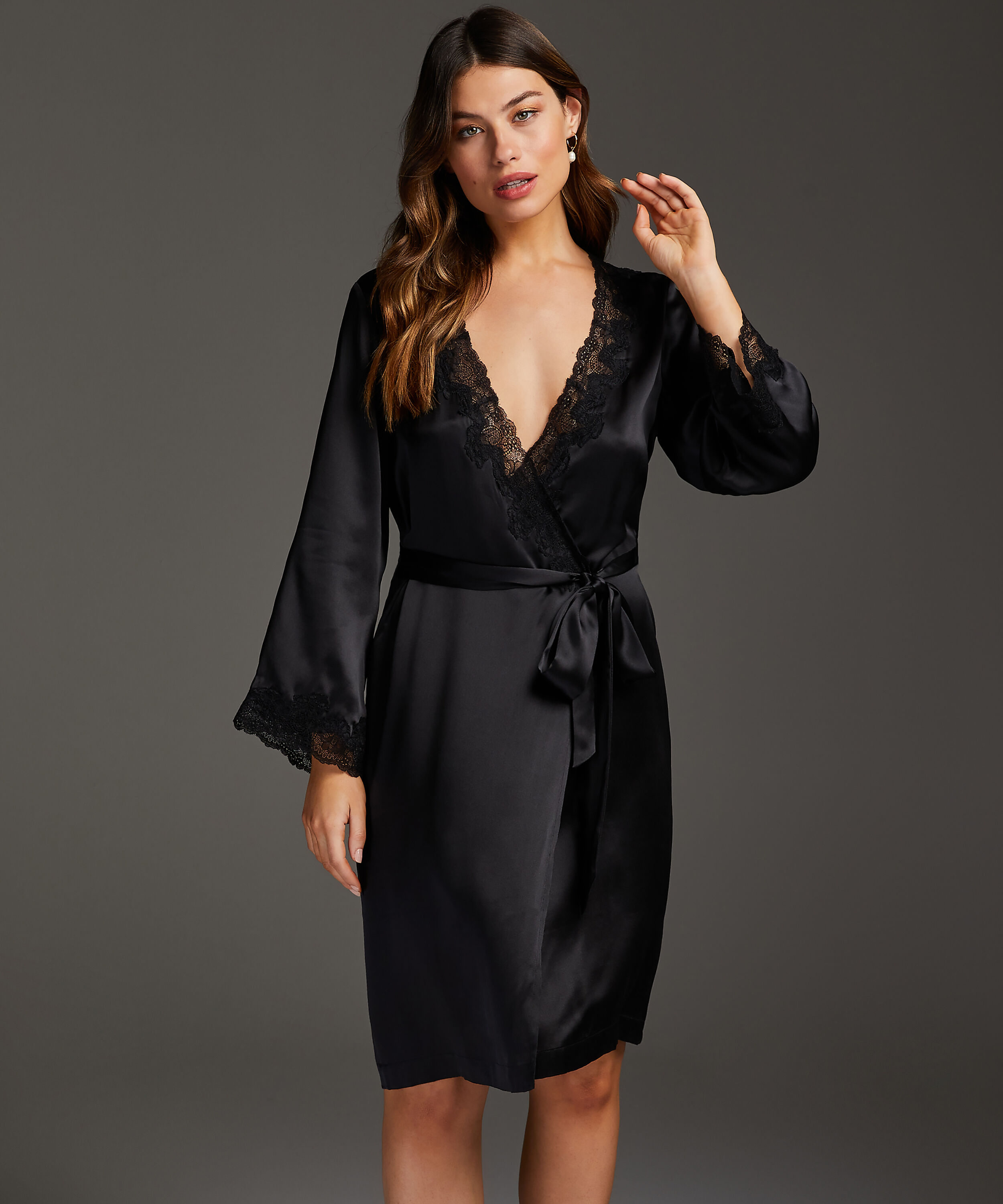 Silk lace trim kimono, Black
