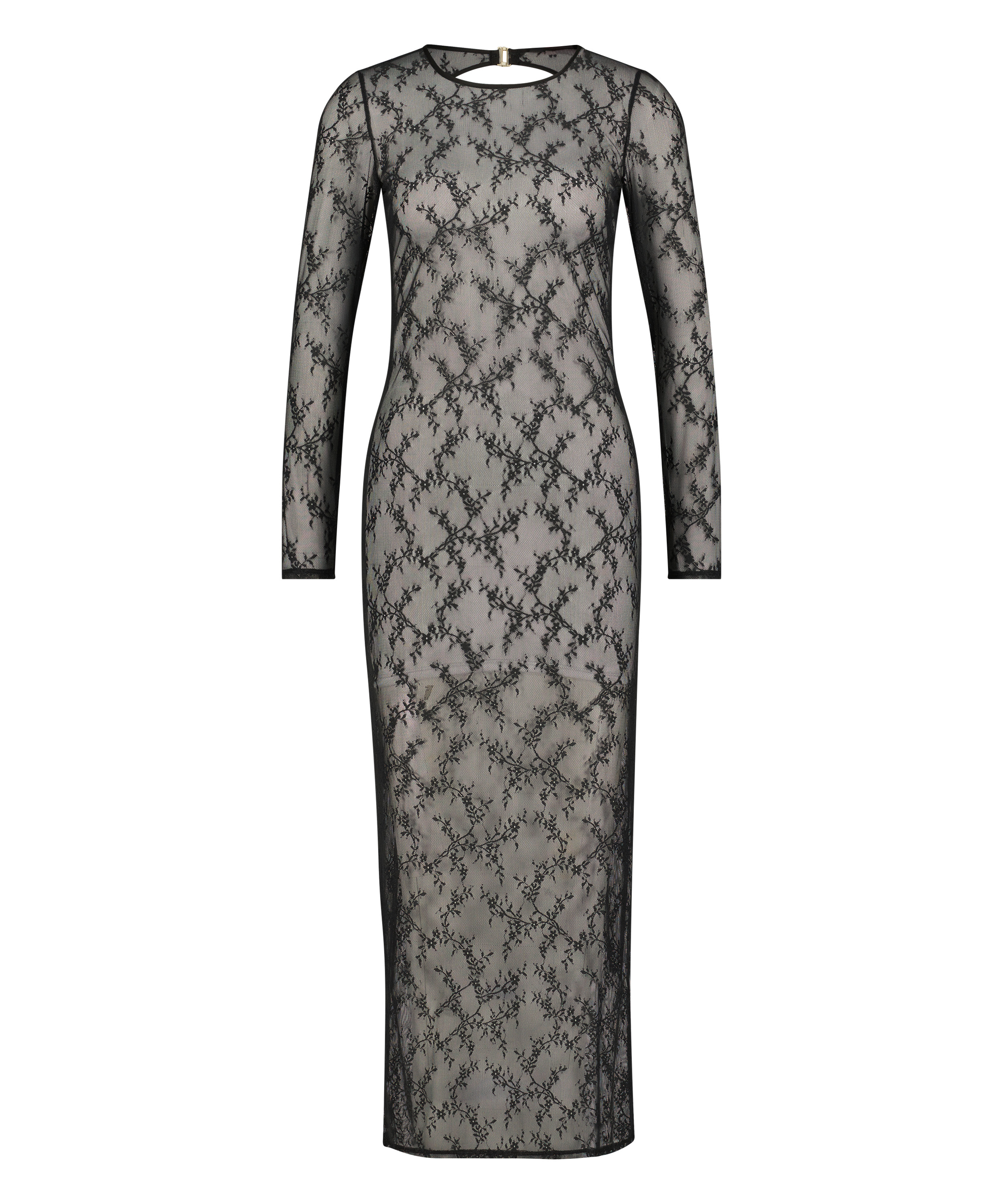 Long Sleeve Lace Bodycon Slip Dress, Black, main