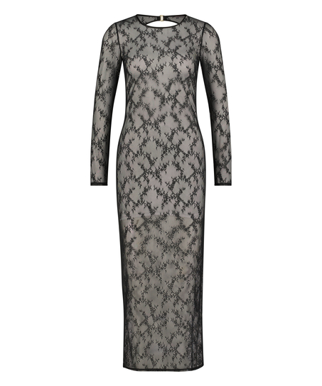 Long Sleeve Lace Bodycon Slip Dress, Black