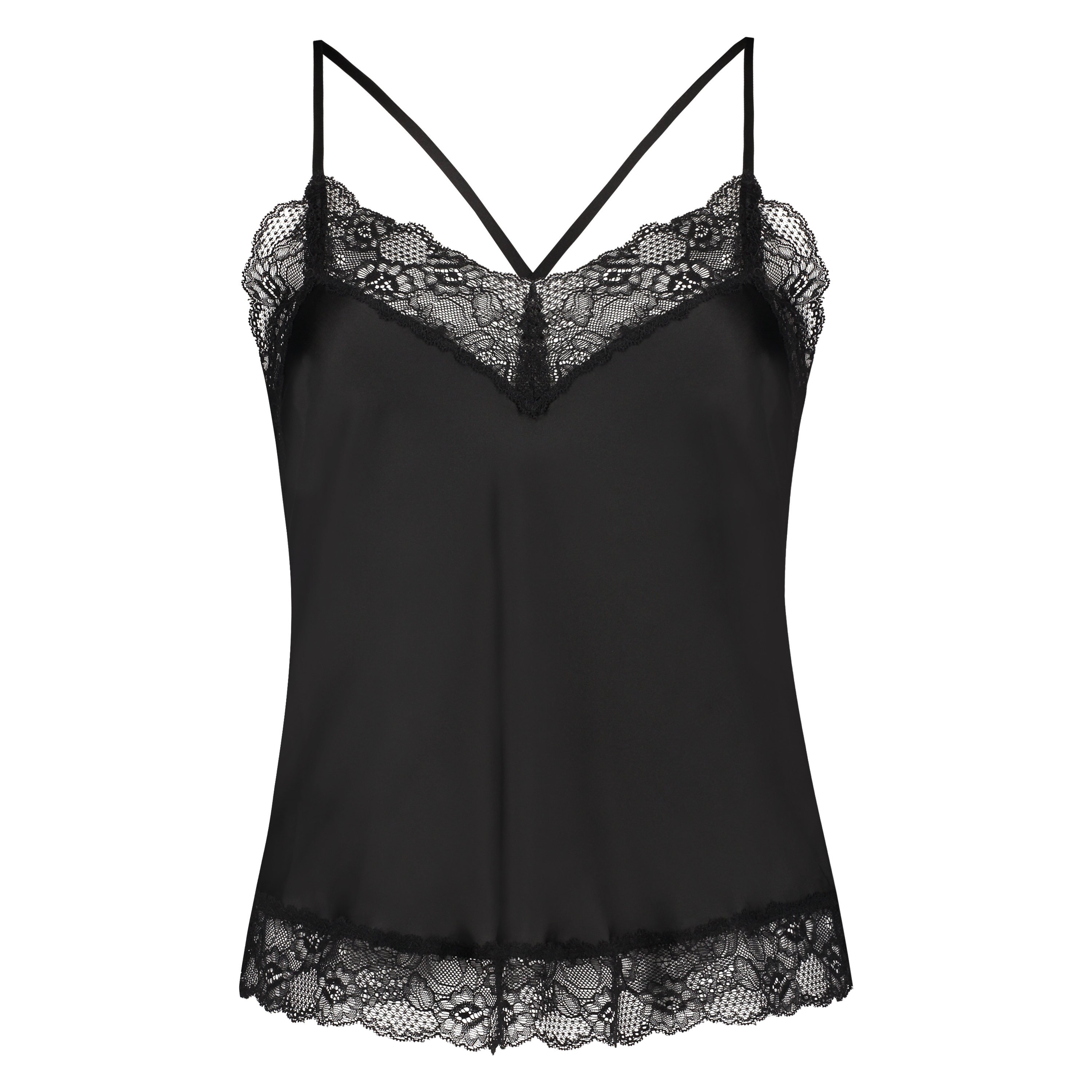 Satin Lace cami top, Black, main