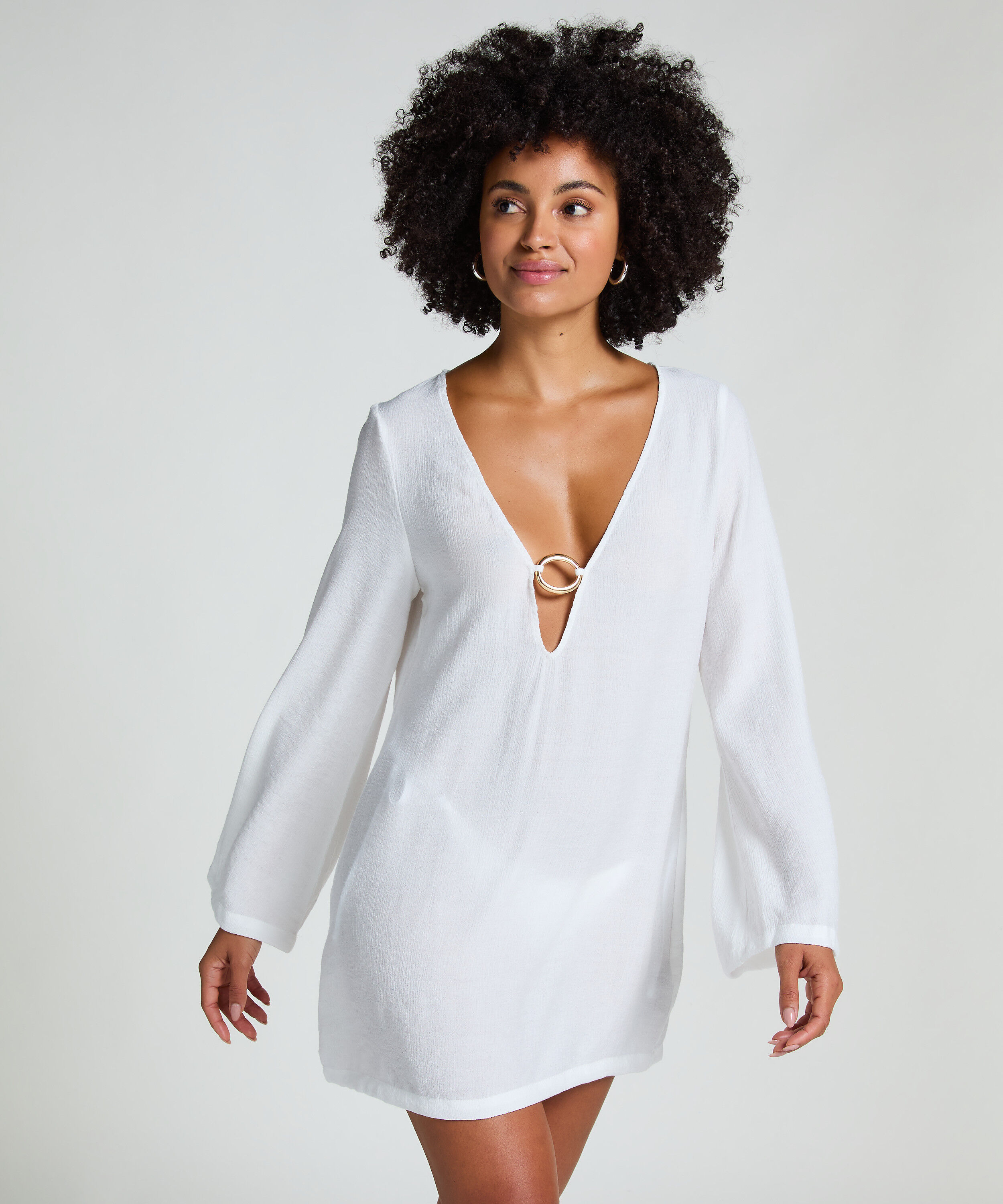Beach Long-Sleeved Ring Dress, White Beach Long-Sleeved Ring Dress, White