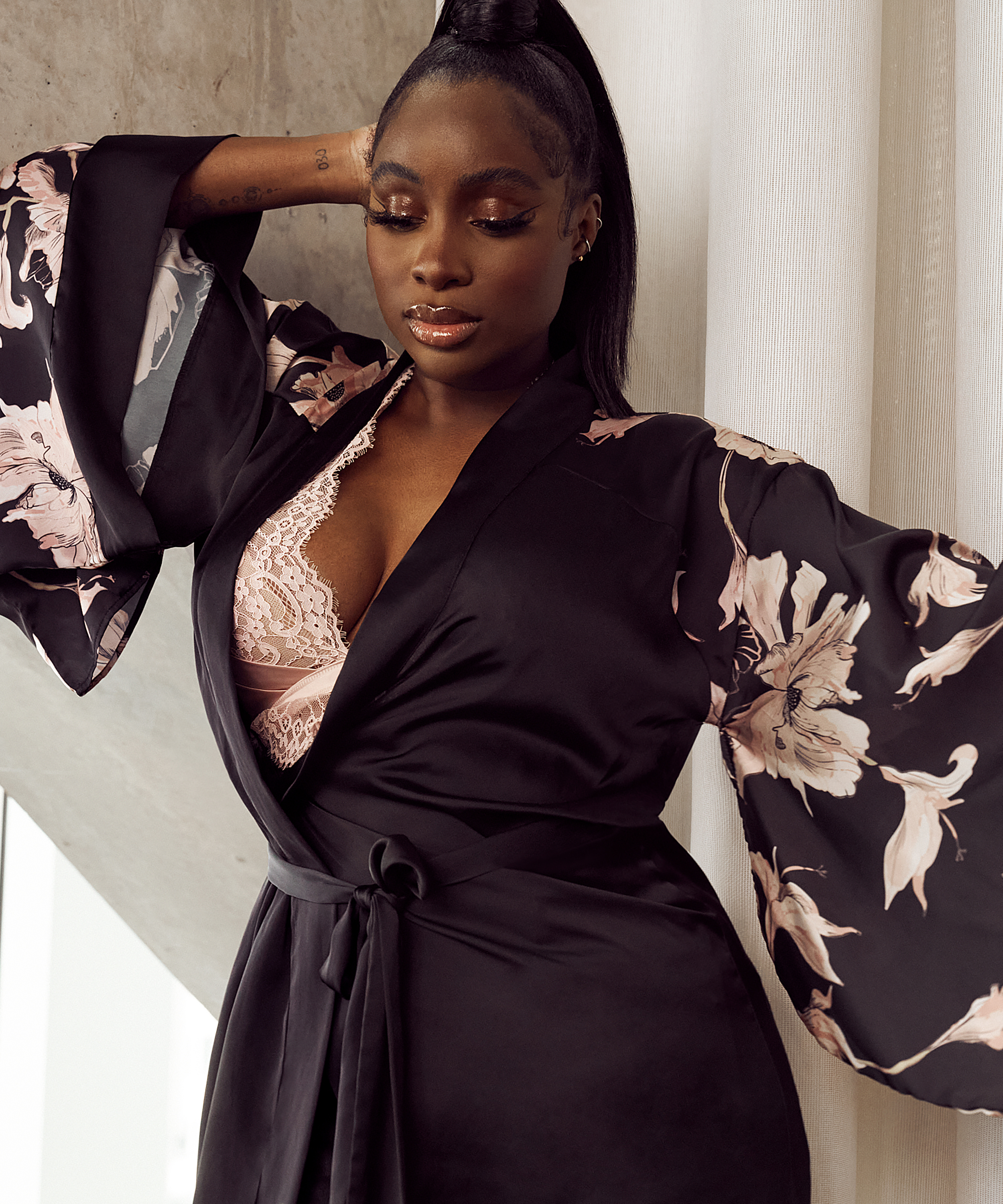 Bloom Satin Kimono, Black, main