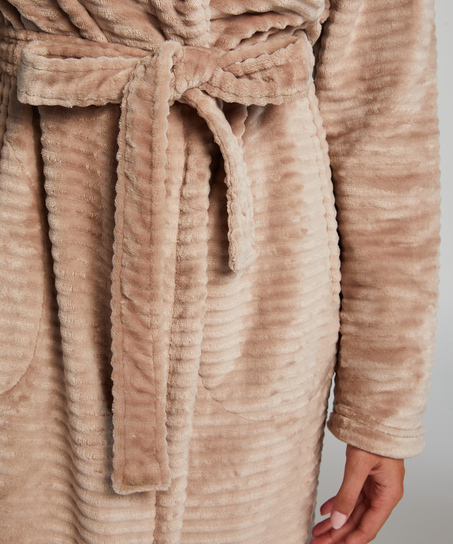 Long Fleece Ribbed Bathrobe, Beige