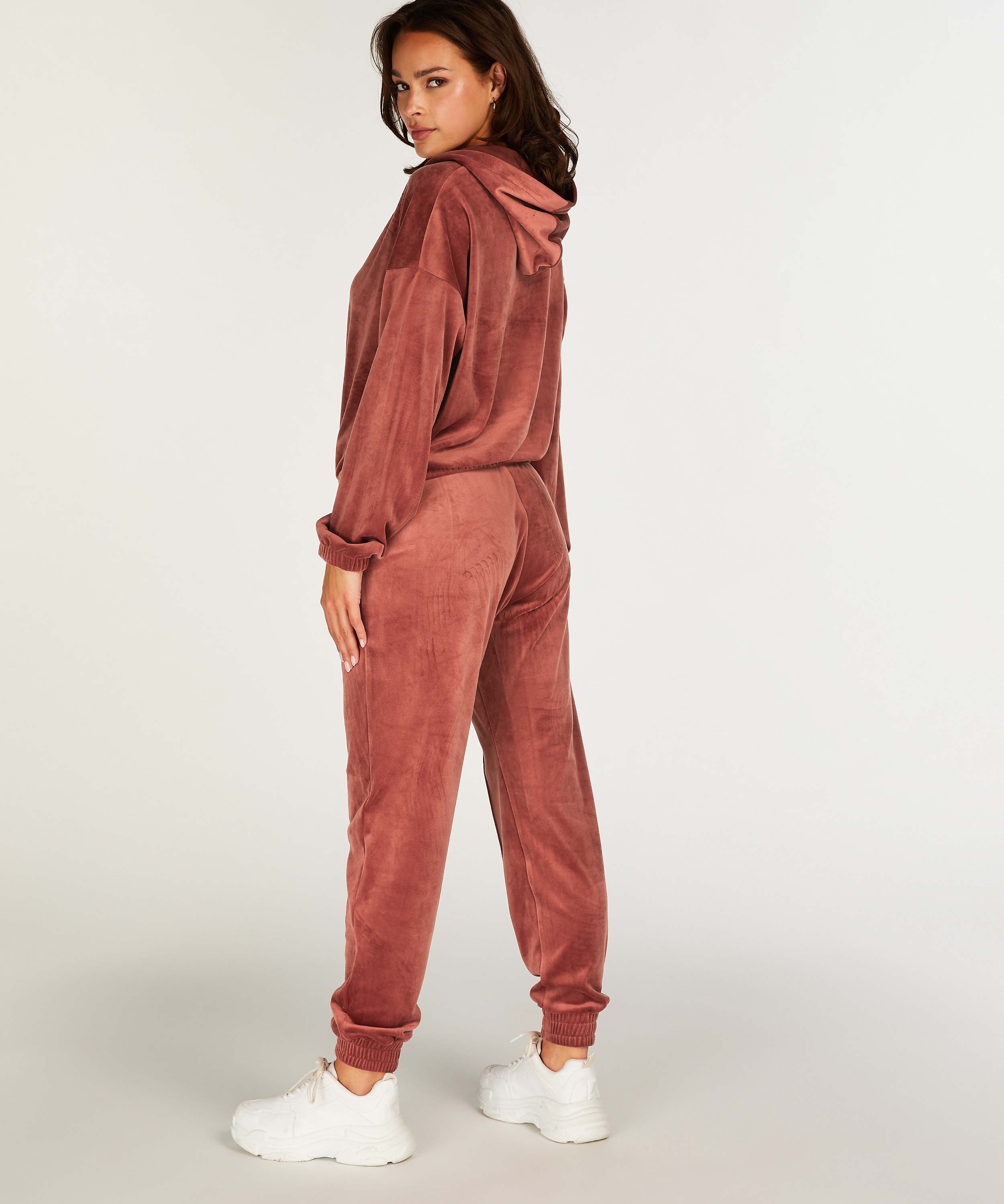 Velour Jogging Pants Pin-tucked, Brown, main