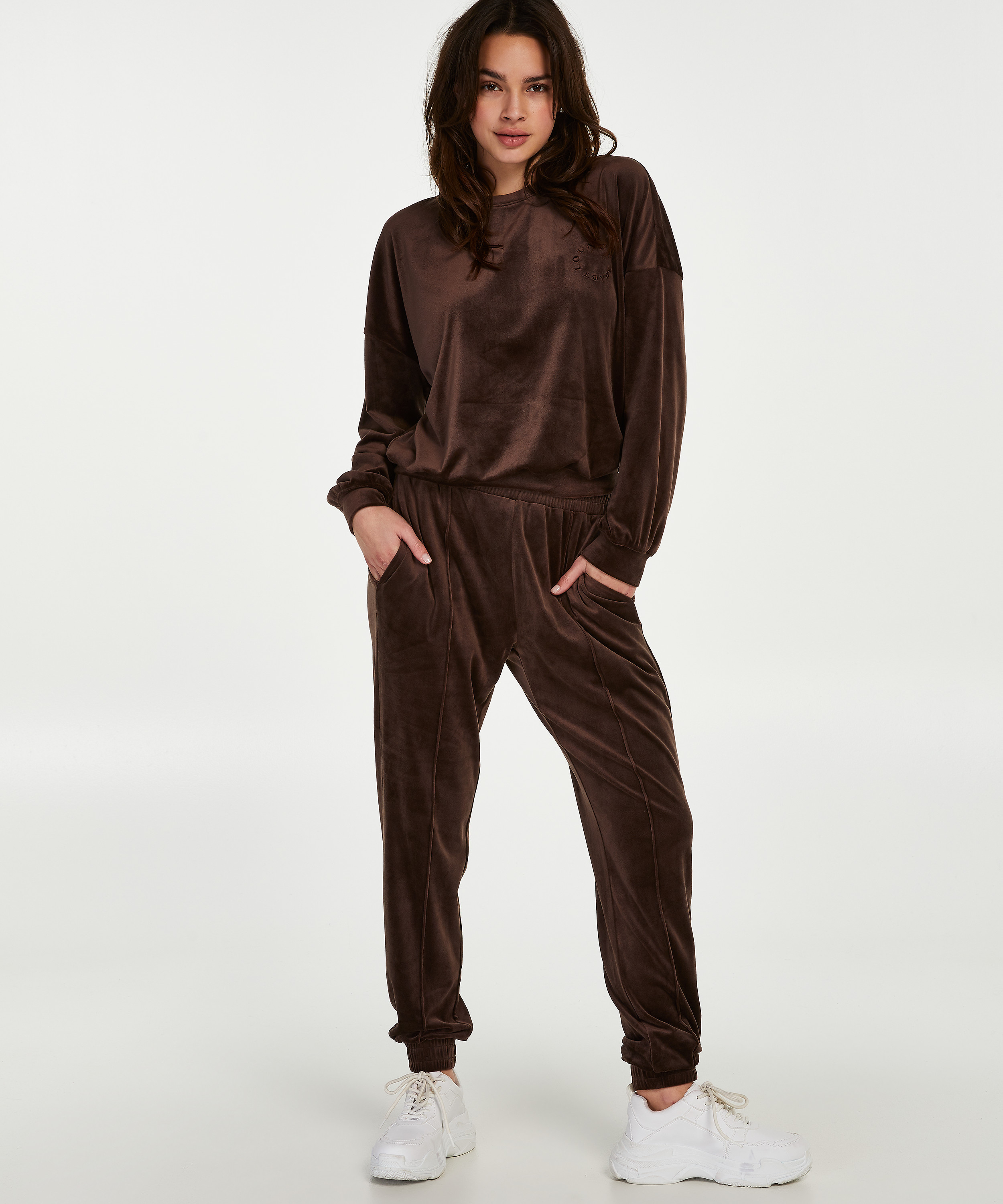 Velour Jogging Pants Pin-tucked, Brown, main