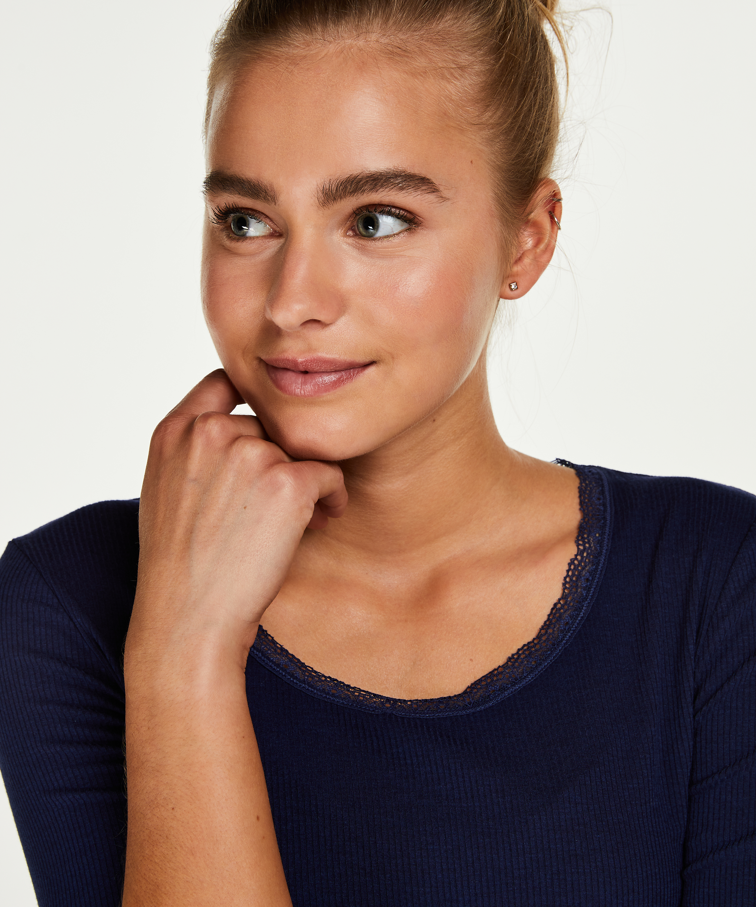 LS ribbed top R-neck, Blue, main