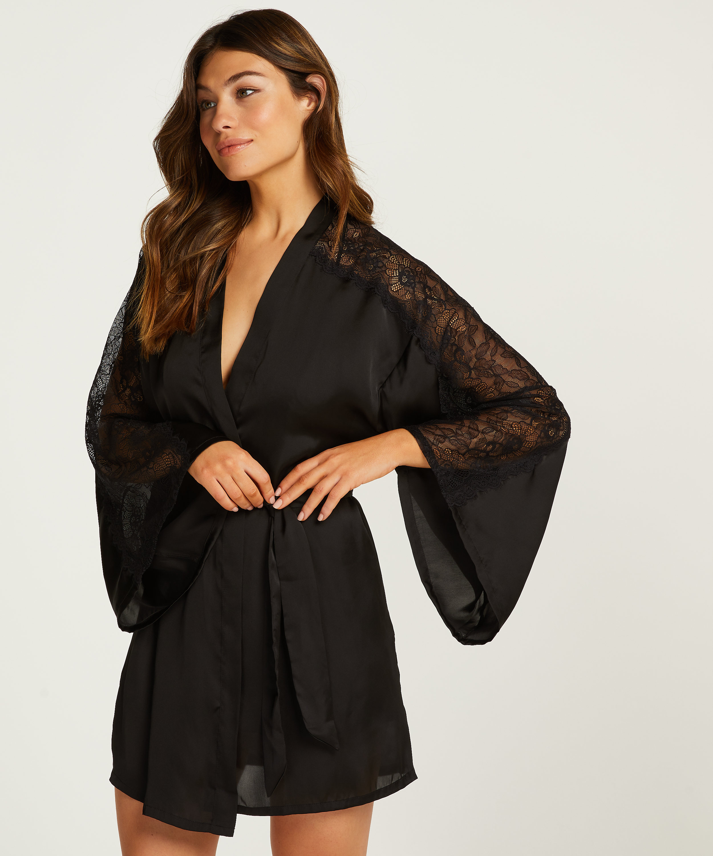 Satin Lace Kimono, Black, main