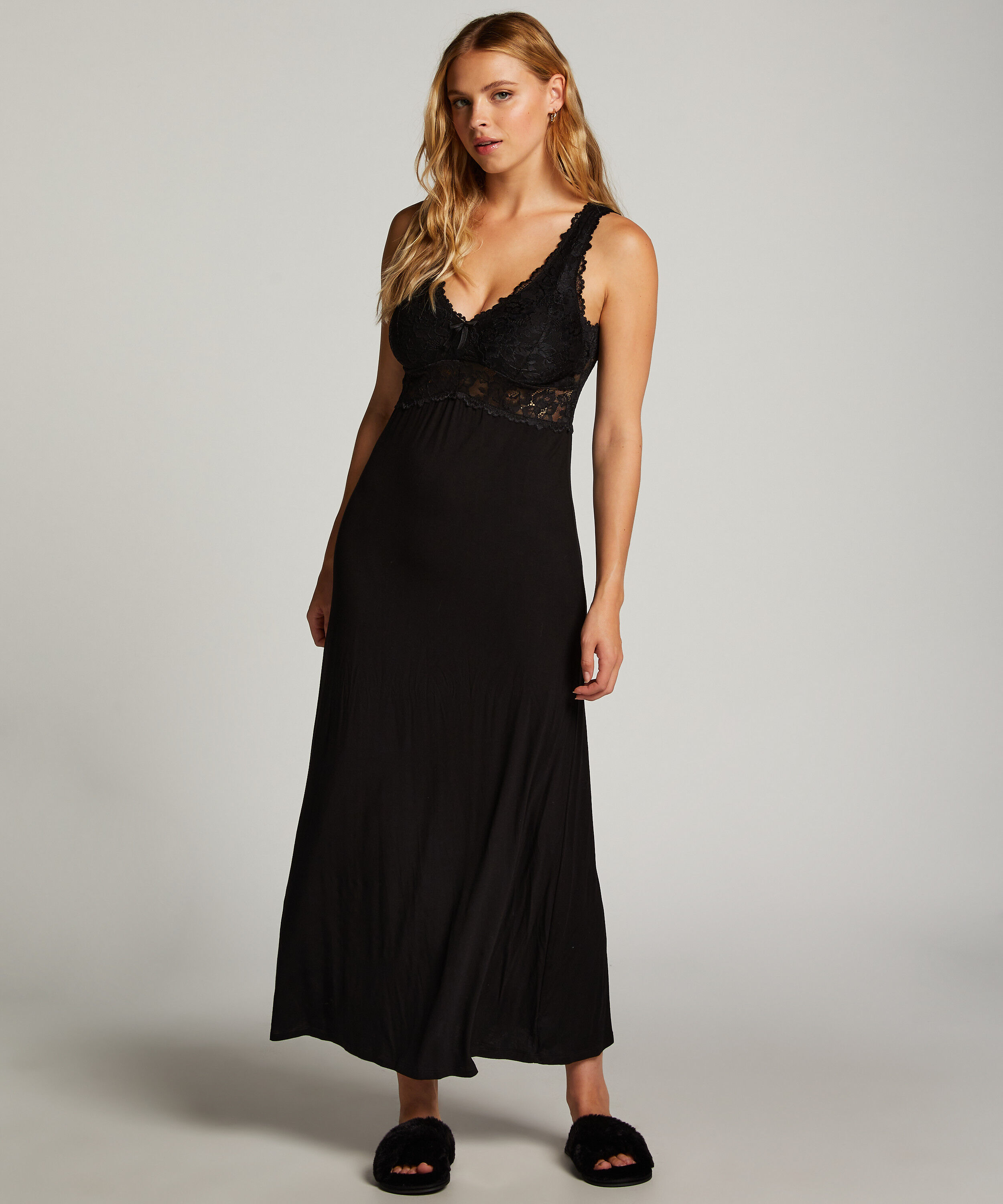 Nora Lace Long Slip Dress, Black