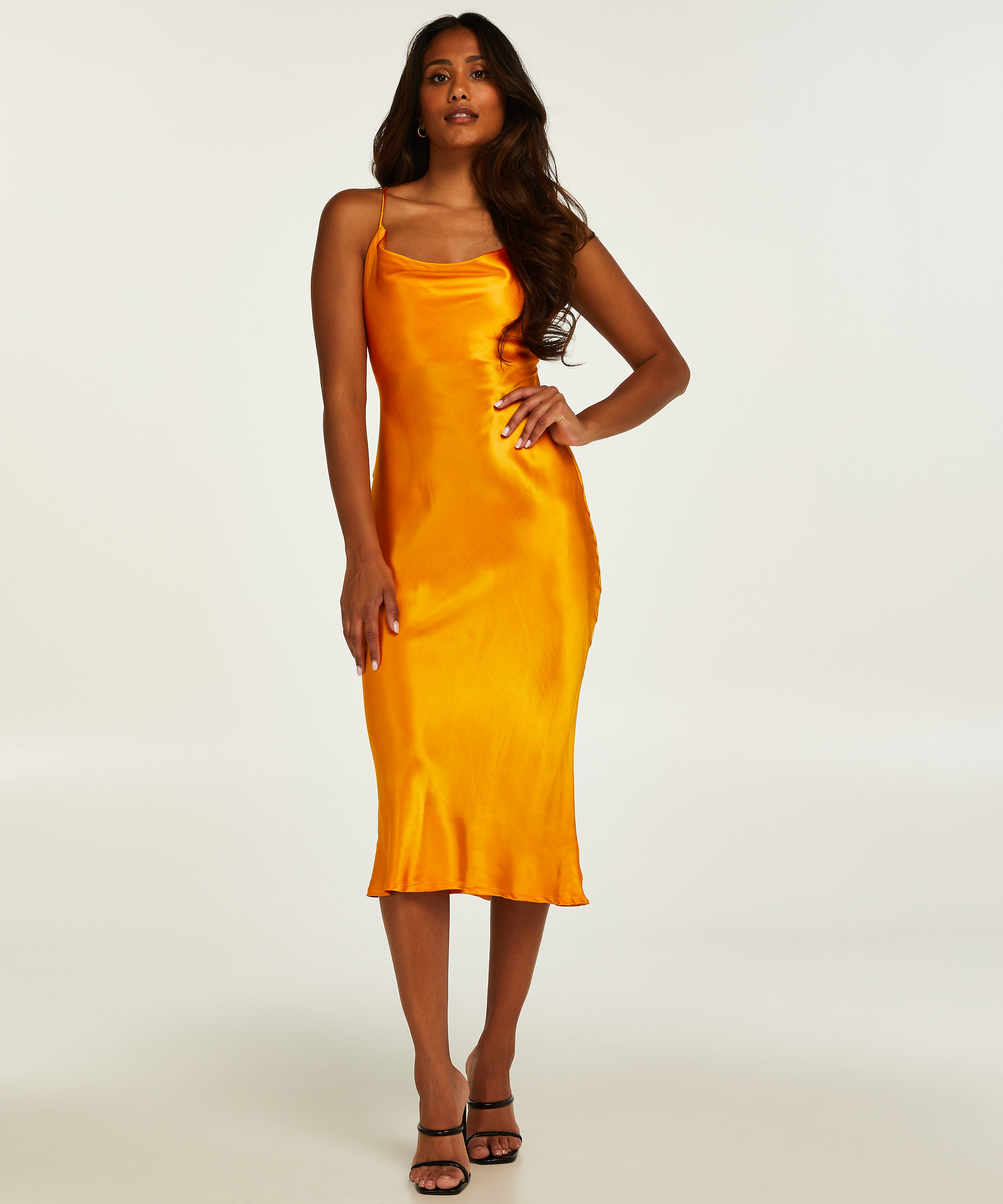 Satin Midi Dress, Orange, main