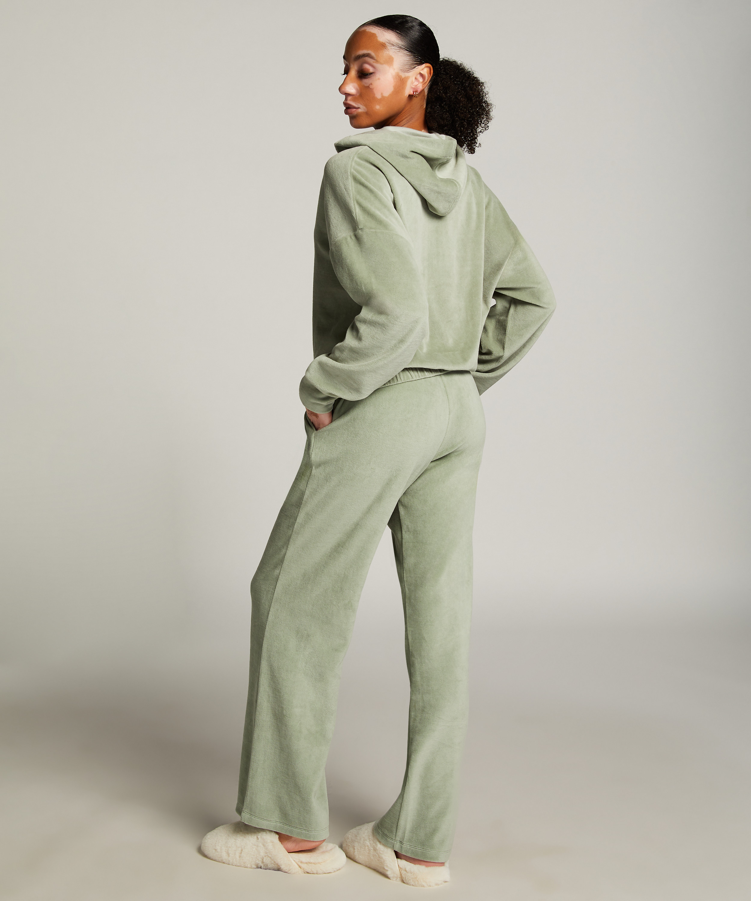 Velours Pyjama Pants, Green, main
