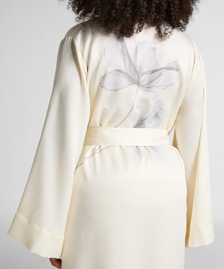 Kimono Long Satin Floral, White