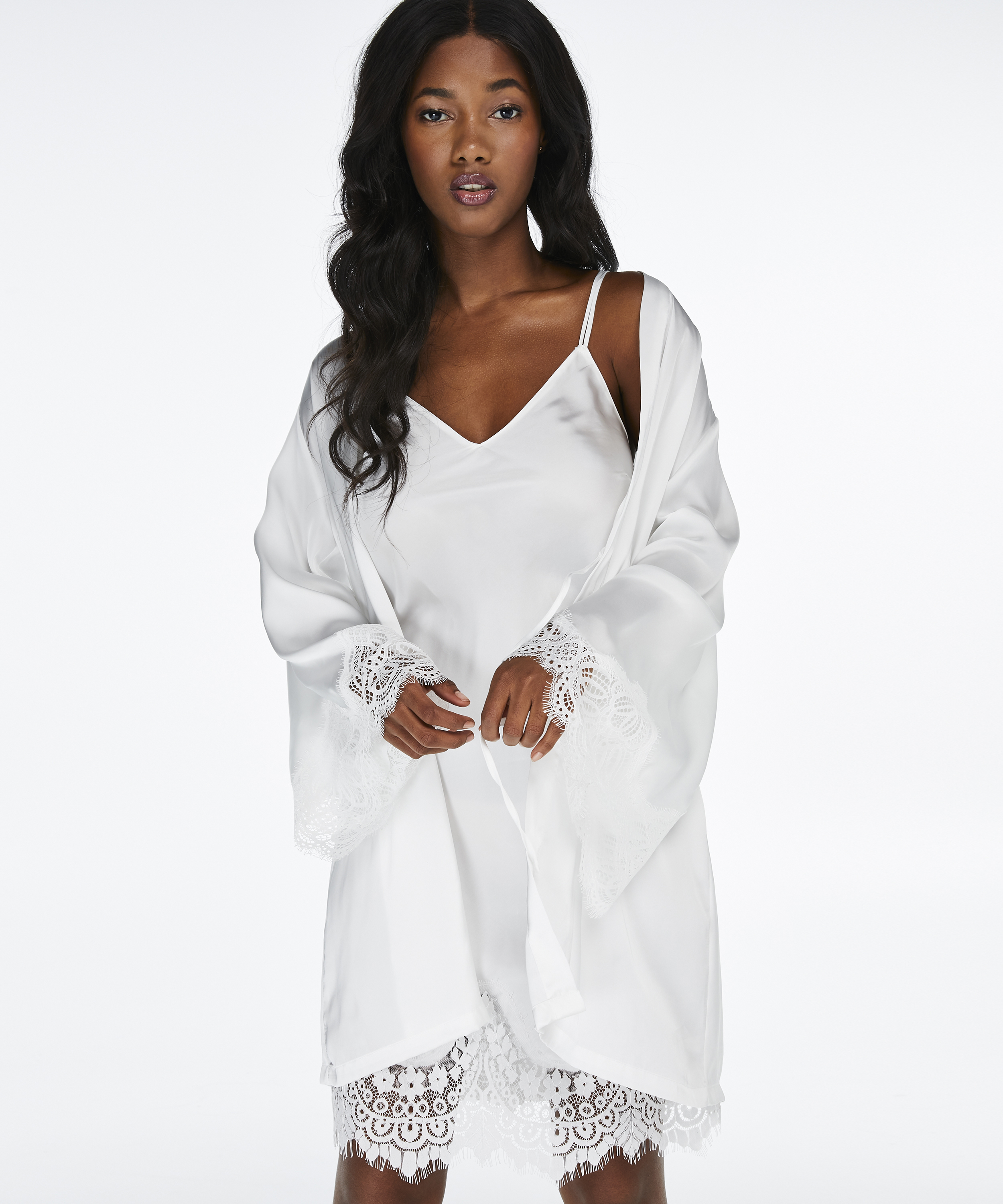 Lace Satin Kimono, White, main