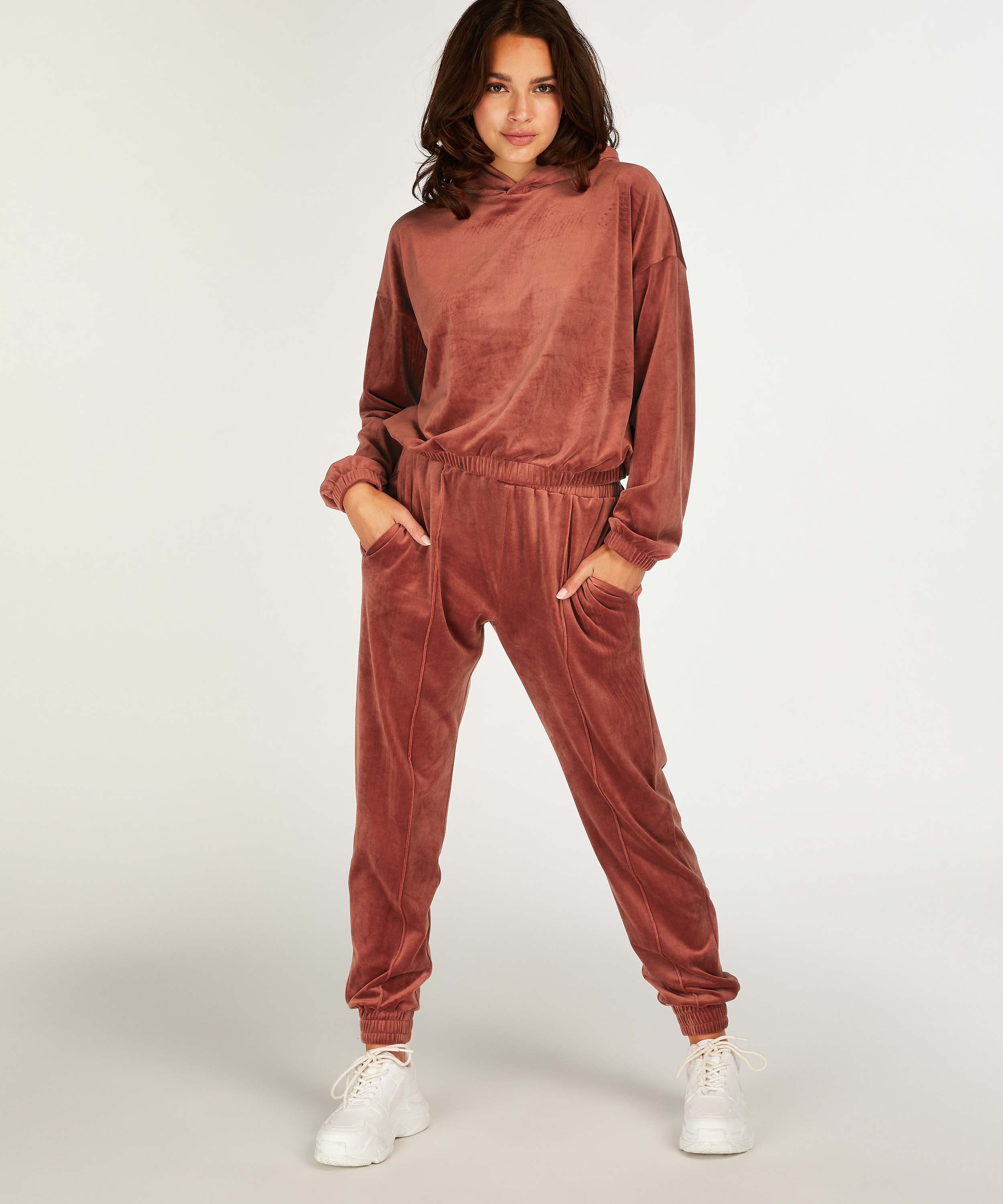 Velour Jogging Pants Pin-tucked, Brown, main