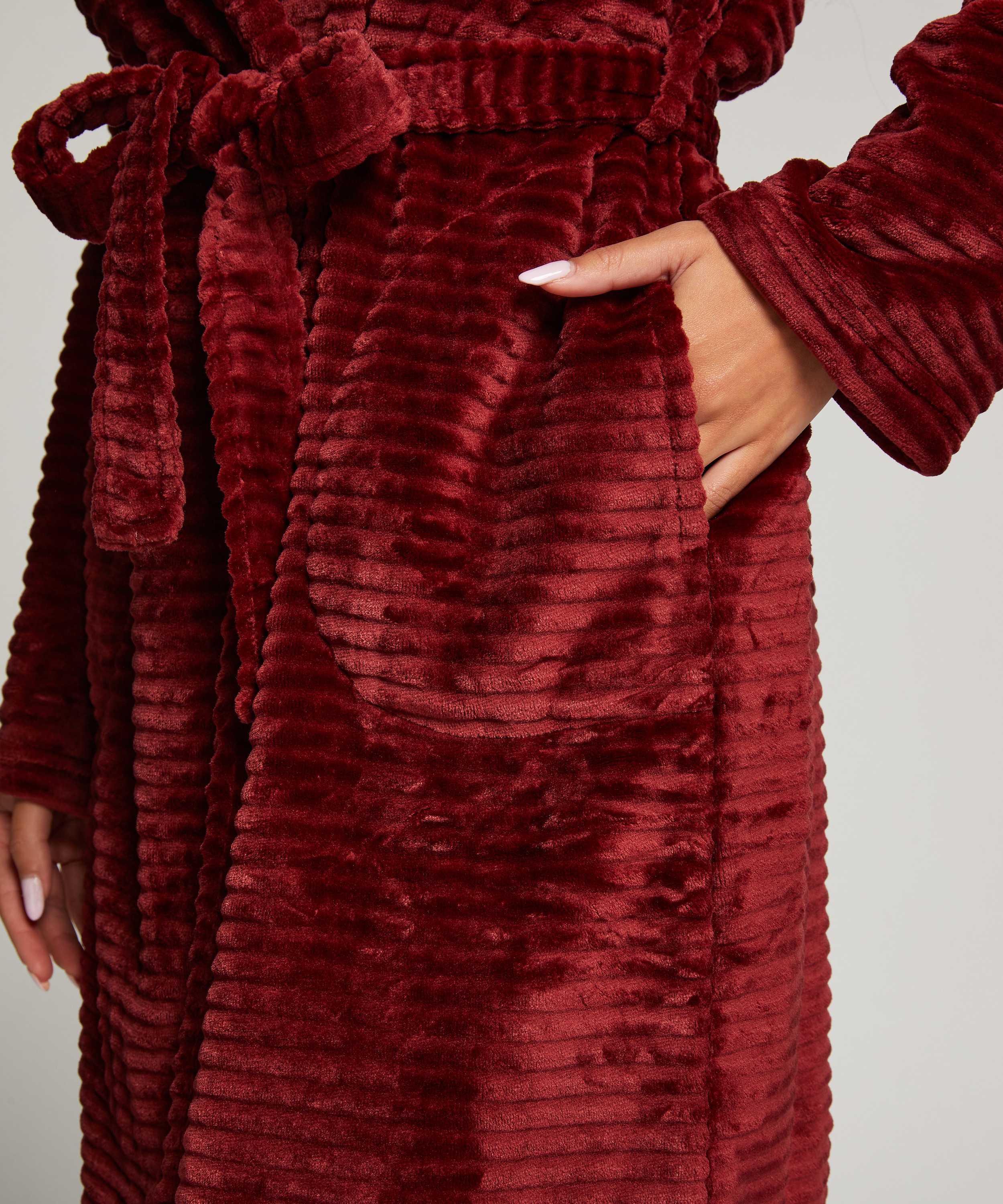 Short Fleece Ribbed Bathrobe, Brown, main