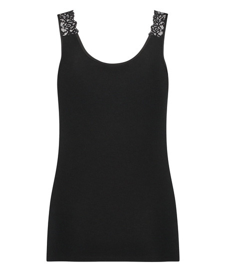 Ribbed Lace Singlet, Black