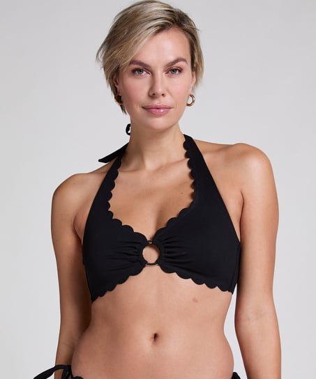 Scallop Halter Bikini Top, Black