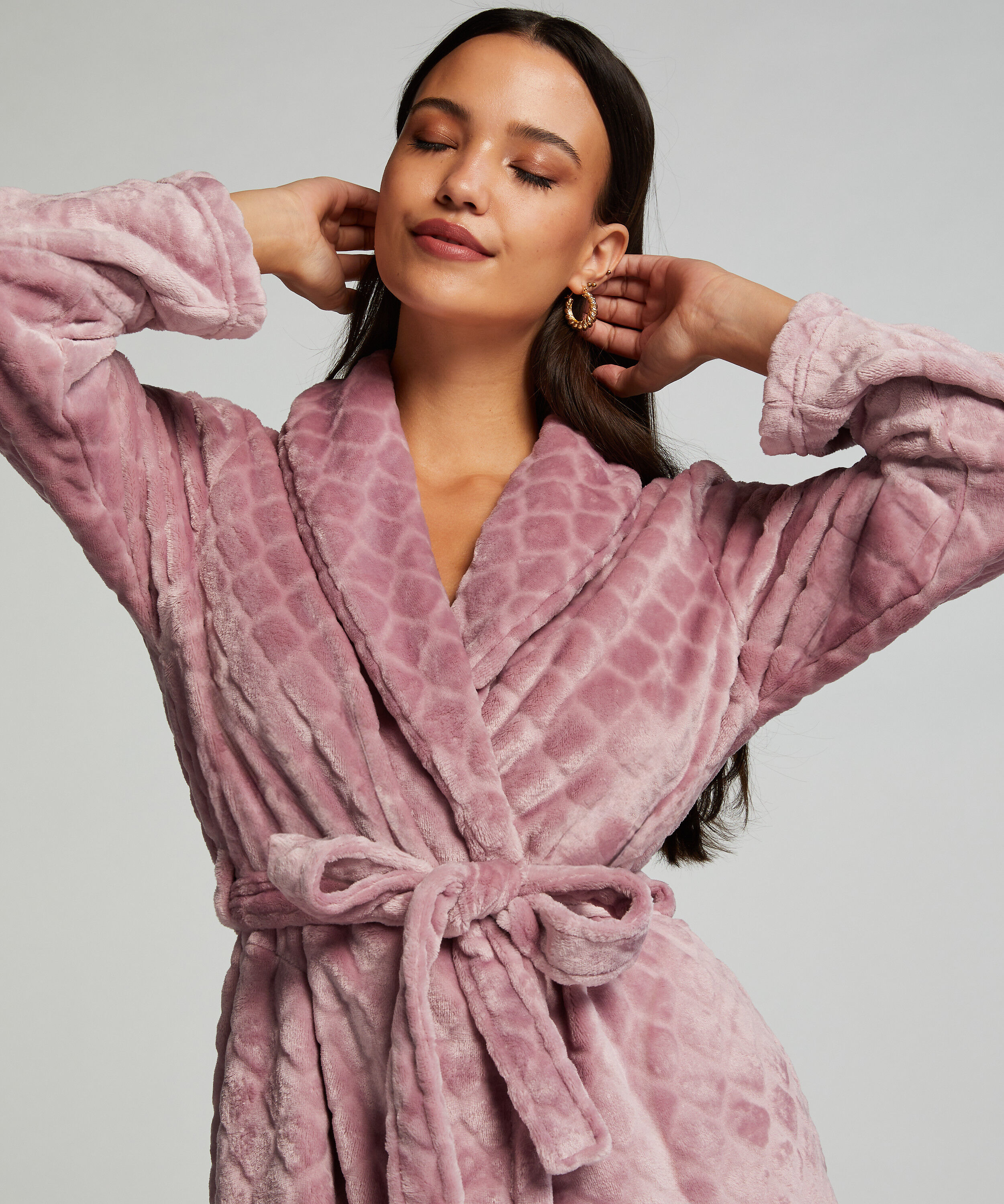Short Fleece Ribbed Bathrobe, Purple