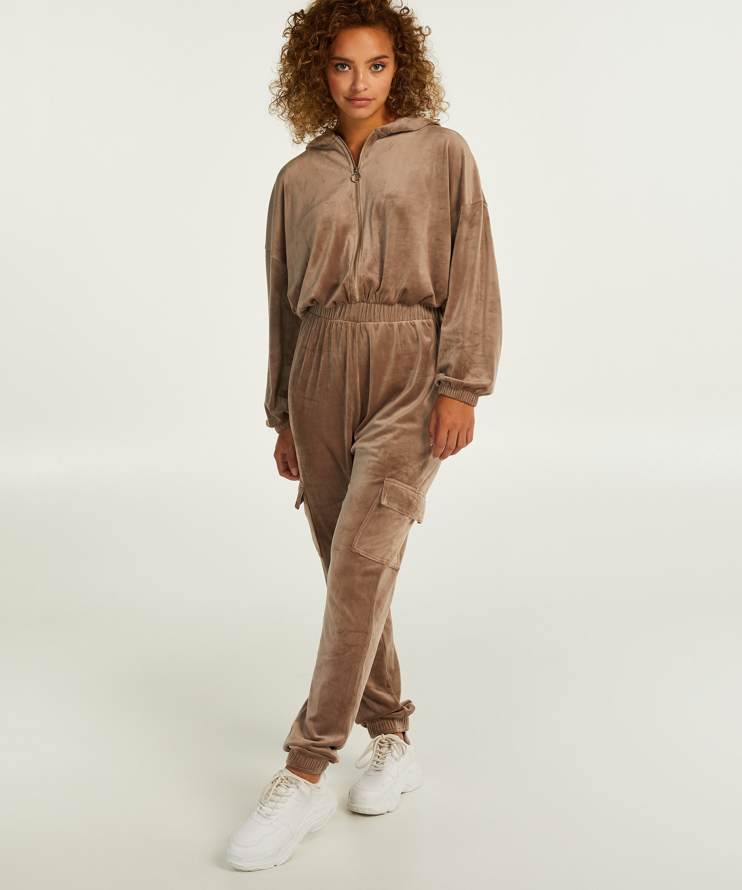 Velour Jumpsuit Hoodie, Brown