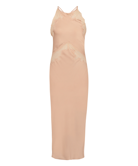 Long Satin Slip Dress, Beige