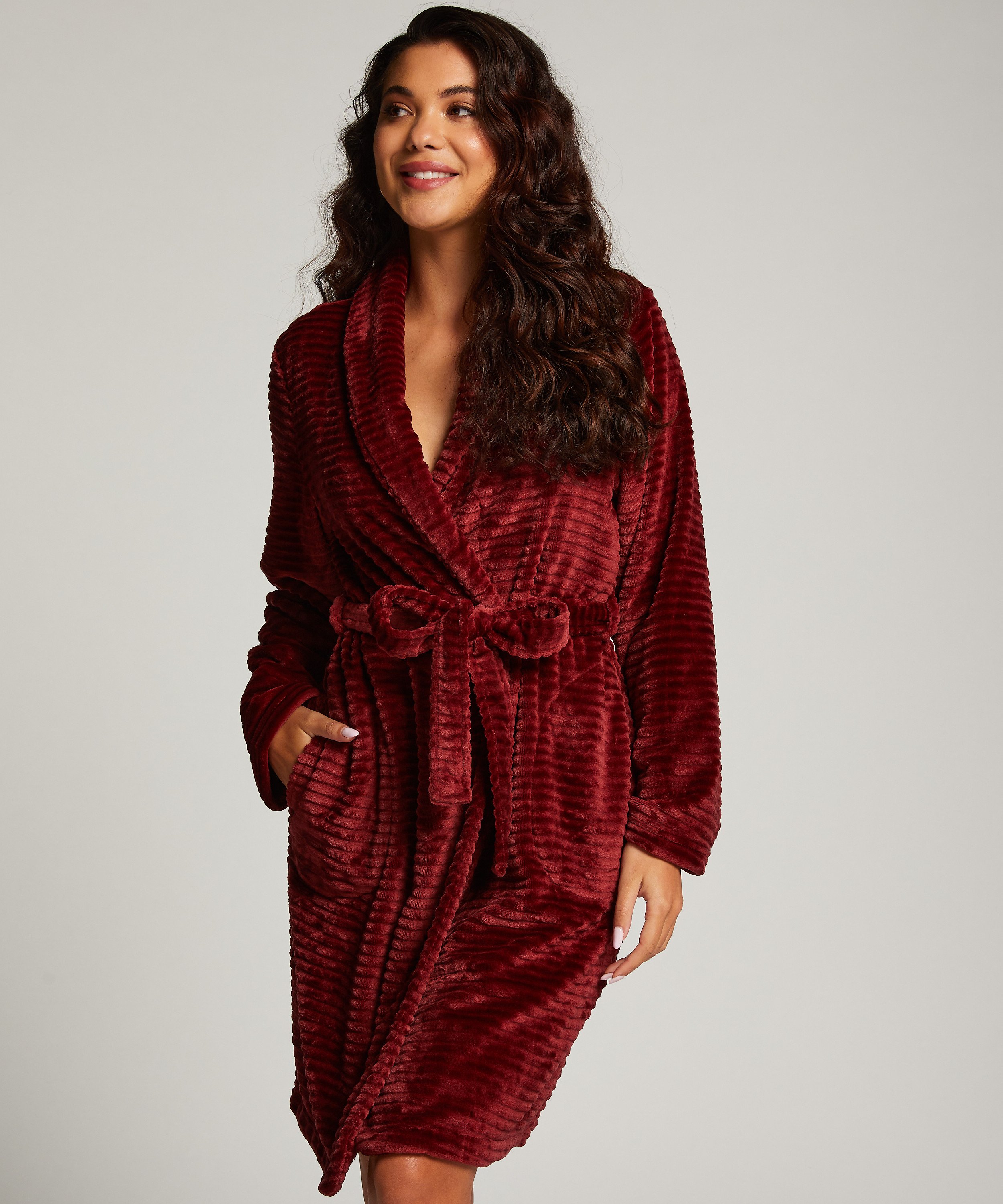 Short Fleece Ribbed Bathrobe, Brown, main