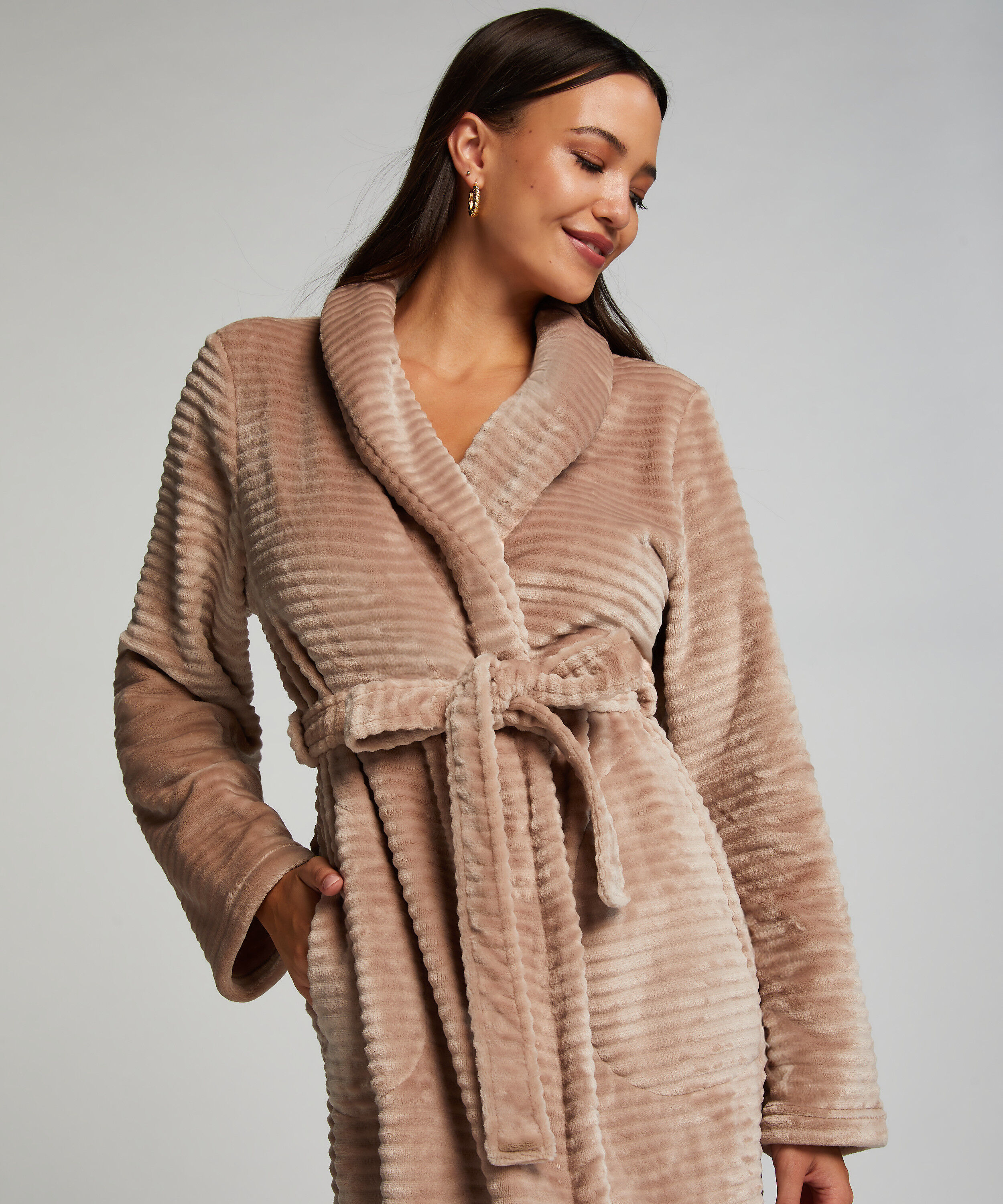 Long Fleece Ribbed Bathrobe, Beige